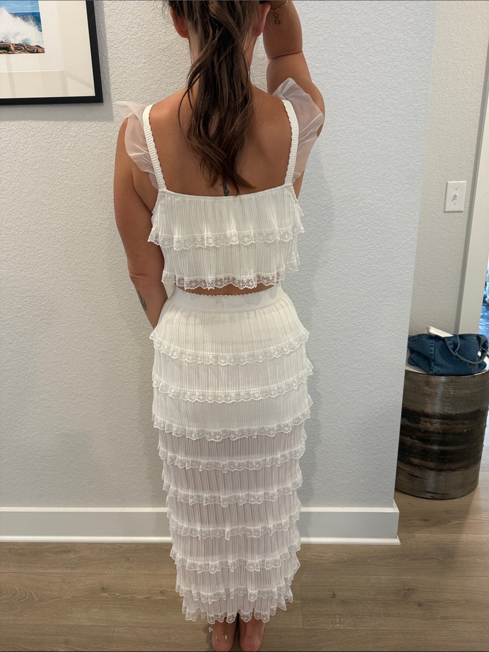 For Love & Lemons White Tiered Lace Midi Skirt & Top - Picture 2 of 2